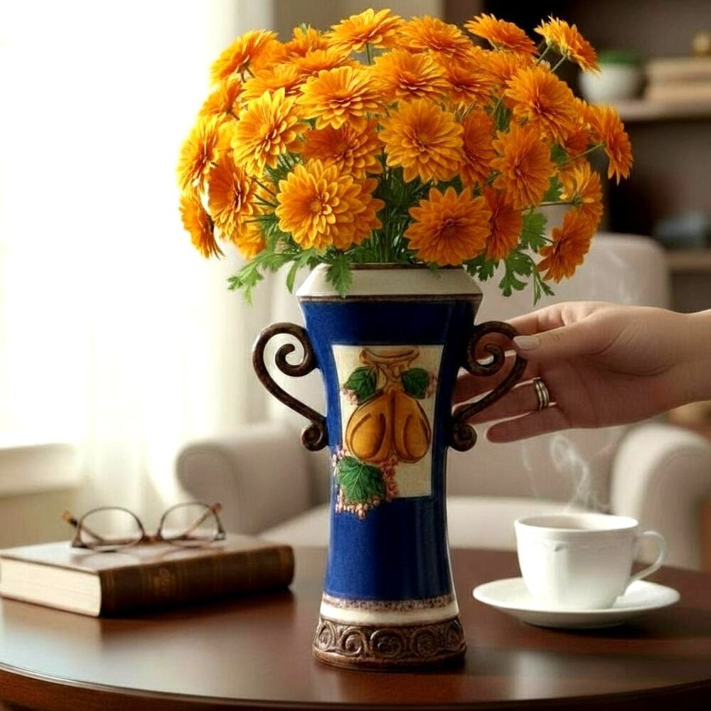 Blue Yellow Fruit Flower Vase Handcrafted Charleston Style Spring Summer Decor